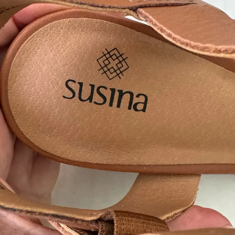 Susina Terra-Lea Cognac Leather Wedge Sandal Size 6.5
